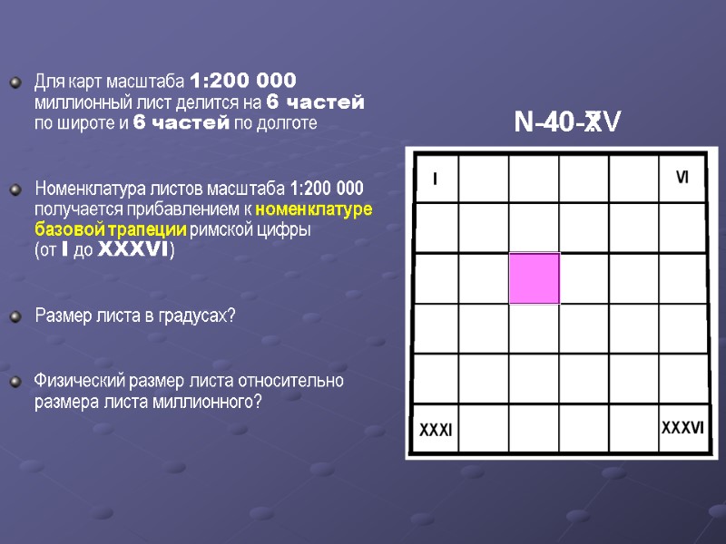 Для карт масштаба 1:200 000 миллионный лист делится на 6 частей по широте и